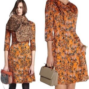 CARVEN Orange and Green Bamboo Leaf Print Sateen Crinkle Dress Size 38
